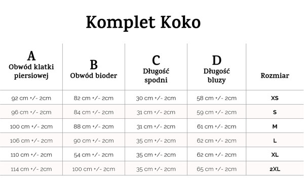 Tabela rozmiarów dres Dkaren Koko homewear