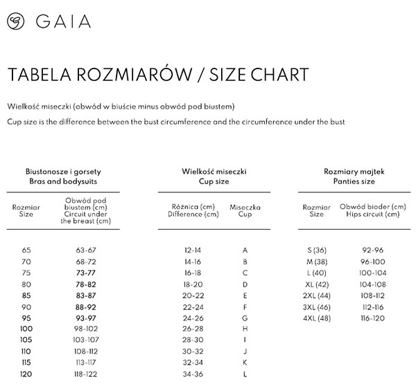 Gaia - Tabela rozmiarów