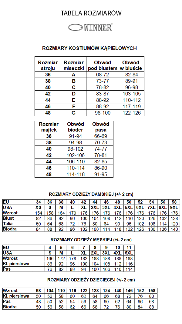 tabela rozmiarów Gwinner