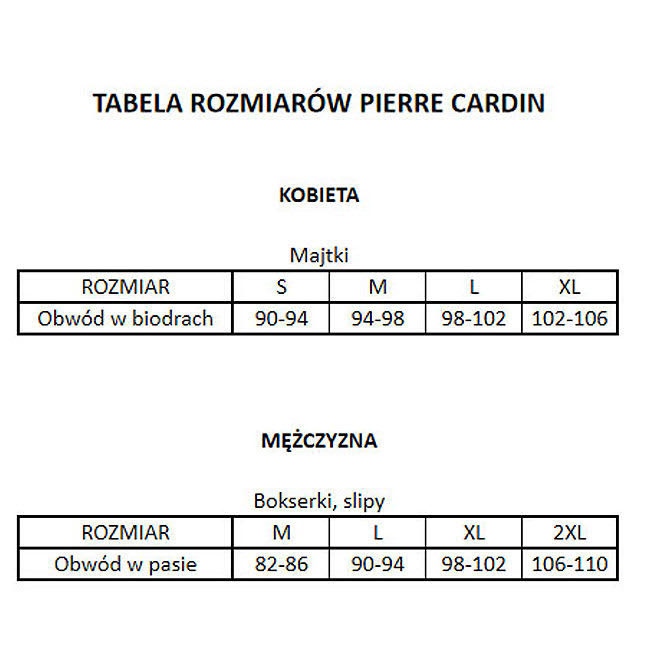 Pierre Cardin - tabela rozmiarów