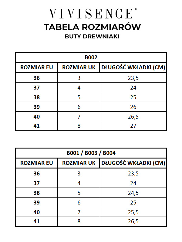 Tabela rozmiarów - Vivisence Buty Drewniaki