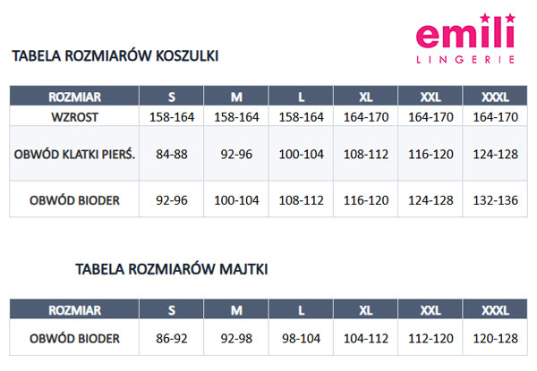 Emili - tabela rozmiarów