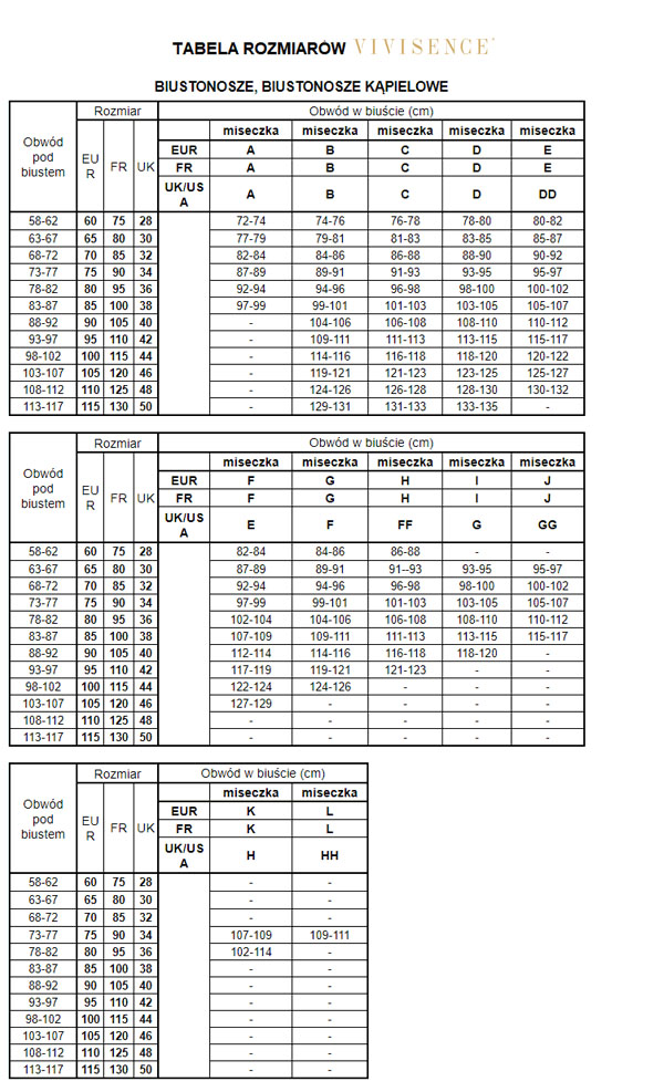 Tabela rozmiarów - Vivisence 1064