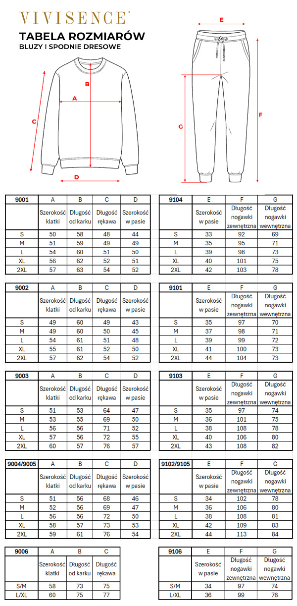Vivisence - tabela rozmiarów - bluzy i spodnie dresowe