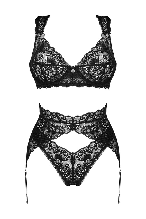 Nocna komplet biustonosz + stringi + pas do pończoch Obsessive Donna Dream 3-pcs set czarny