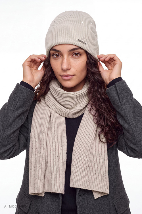 Vivisence 70133 czapka prążkowana z wełną merino i kaszmirem, beżowy