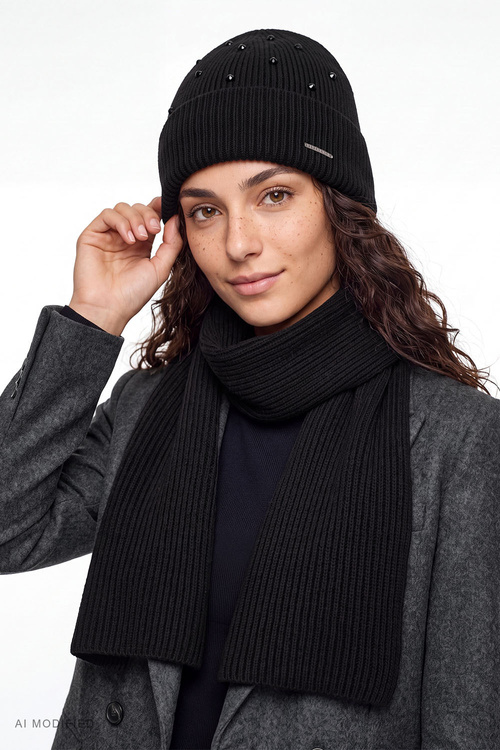 Vivisence 70133 KMPL komplet czapka i szalik wełna merino, czarny