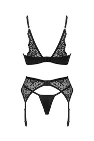 Nocna komplet biustonosz + stringi + pas do pończoch Obsessive Bellastia 3-pcs set czarny 