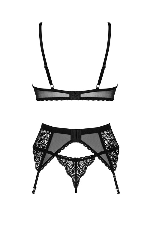 Nocna komplet biustonosz + stringi + pas do pończoch Obsessive Chemeris 3-pcs set czarny