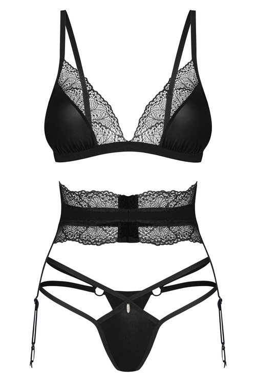 Komplet biustonosz + stringi + pas do pończoch Obsessive Lobellis 3-pcs set czarny 