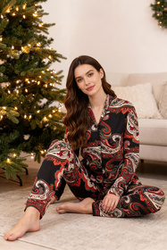 Vivisence 2063 piżama koszulowa z dekoracyjnym wzorem czarno-czerwony