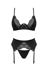 Nocna komplet biustonosz + stringi + pas do pończoch Obsessive Bellastia 3-pcs set czarny 