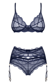 Obsessive Nightly Blue komplet trzyczęściowy z pasem do pończoch navy blue