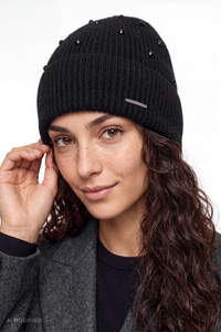 Vivisence 70133 czapka prążkowana z wełną merino i kaszmirem, czarny