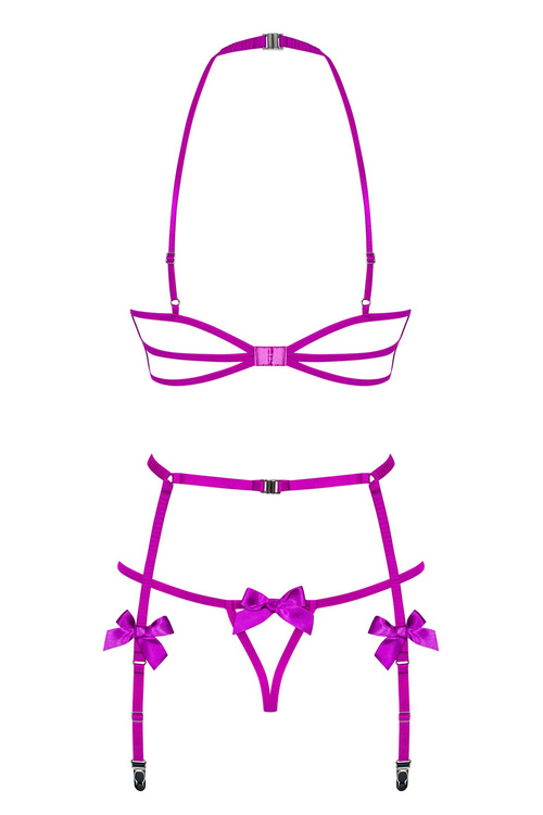 Obsessive Delishya 3-pcs set Nocna komplet biustonosz + stringi + pas do pończoch, fioletowy