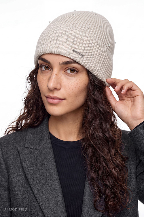Vivisence 70133 czapka prążkowana z wełną merino i kaszmirem, beżowy