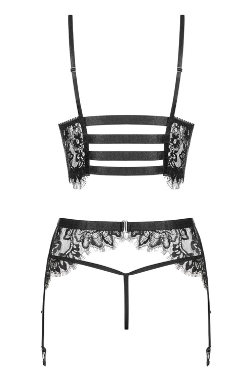Obsessive Lashy set Nocna komplet biustonosz + stringi + pas do pończoch, czarny