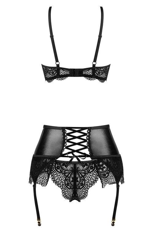 Komplet biustonosz + stringi + pas do pończoch Beauty Night Noir Fantasy set BN6748 black