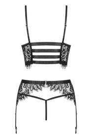 Obsessive Lashy set Nocna komplet biustonosz + stringi + pas do pończoch, czarny