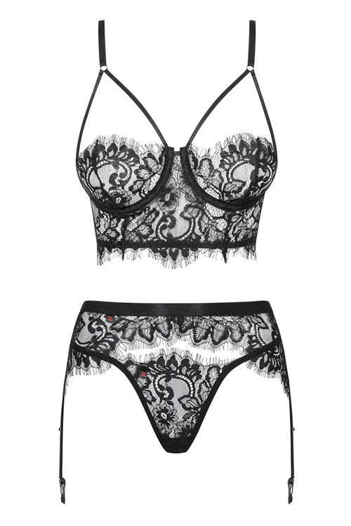 Obsessive Lashy set Nocna komplet biustonosz + stringi + pas do pończoch, czarny