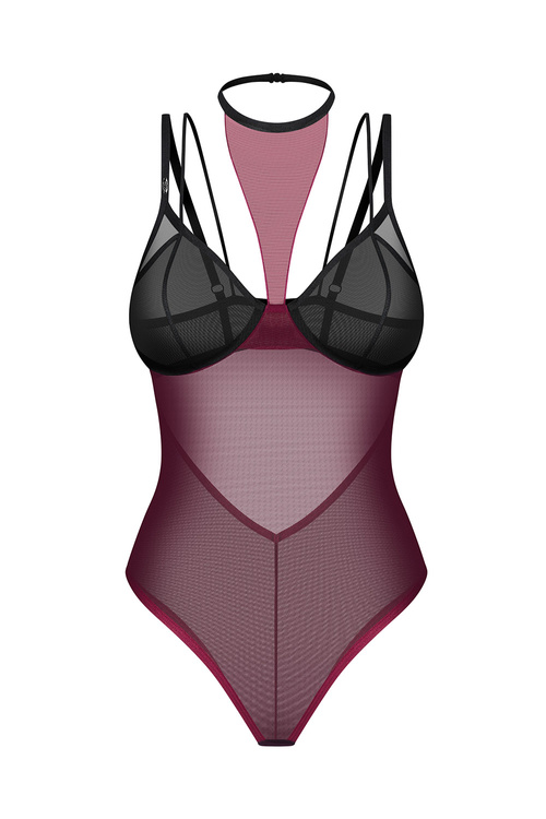 Obsessive Parisel teddy body z chokerem i wysokim wycięciem, bordo-czarny