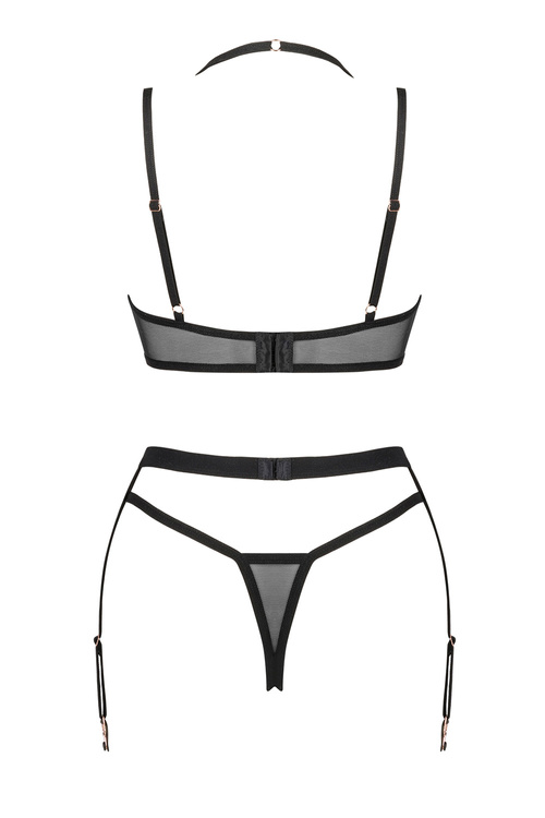 Nocna komplet biustonosz + stringi + pas do pończoch Obsessive Selinne 3-pcs set czarny