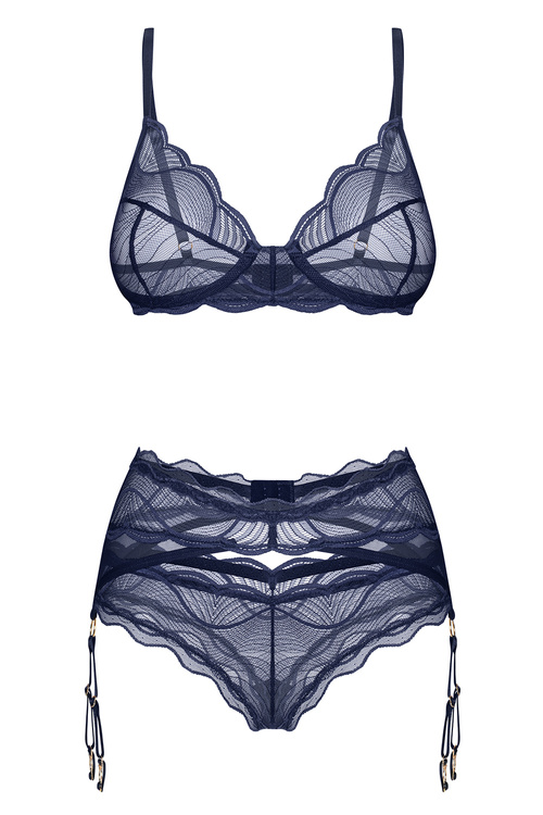 Obsessive Nightly Blue komplet trzyczęściowy z pasem do pończoch navy blue