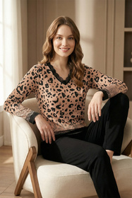 Vivisence 2061 piżama w panterkę z koronką czarno-beżowy