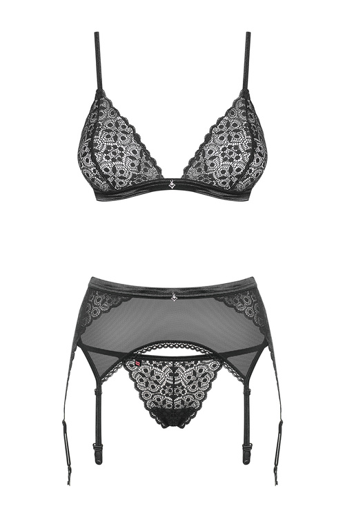 Obsessive Shibu Set Nocna komplet biustonosz + stringi + pas do pończoch, czarny