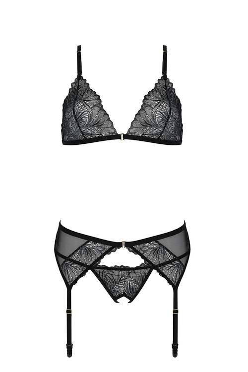 Nocna komplet biustonosz + stringi + pas do pończoch Passion Deliena set black