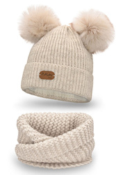 Pamami 17223+17251 komplet dziecięcy czapka z dwoma pomponami i komin beżowy