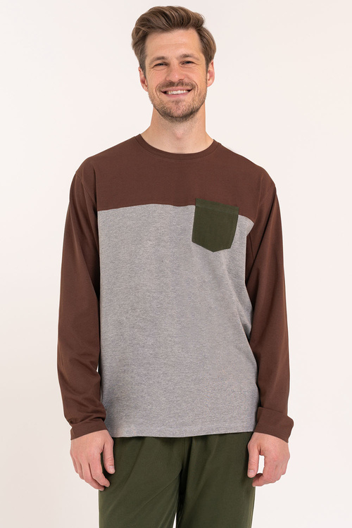 Moraj piżama męska z kieszonką i długim rękawem patt 1-brown/grey/green