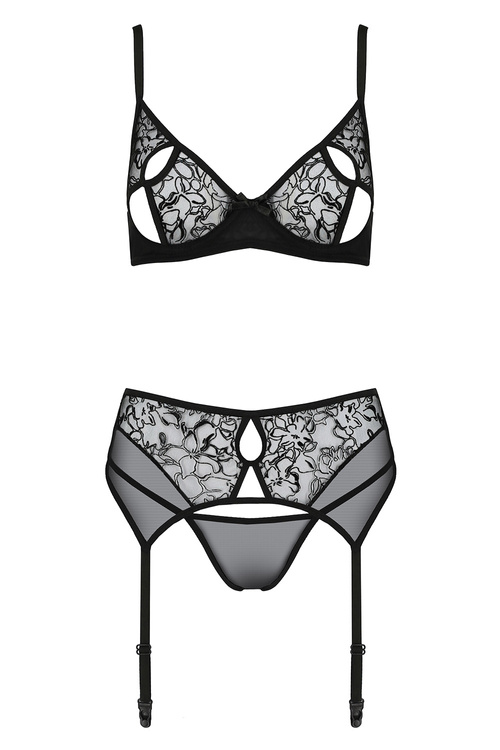 Passion Primula set Nocna komplet biustonosz + stringi + pas do pończoch, black