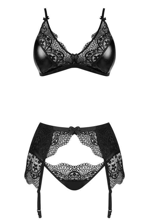 Komplet biustonosz + stringi + pas do pończoch Beauty Night Obsidian Desire set BN6749 black