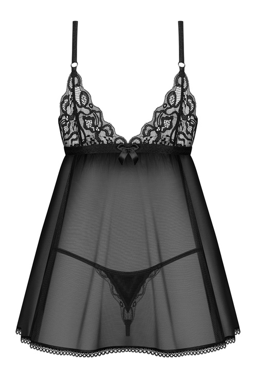 Komplet koszulka + stringi Obsessive Blomentis babydoll and thong czarny