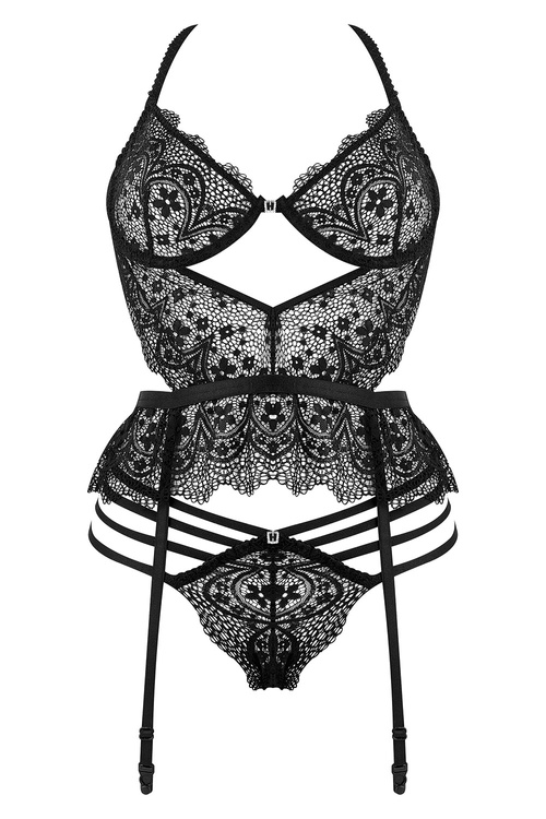 Komplet biustonosz + stringi + pas do pończoch Beauty Night Lace Temptation BN6746 black