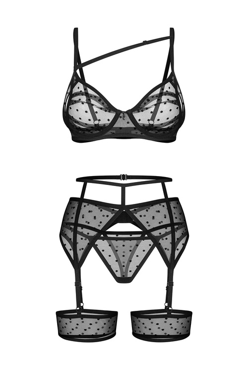 Komplet biustonosz + stringi + pas do pończoch Obsessive Nuites 3-pcs set black