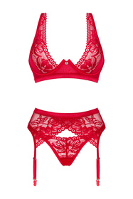 Nocna komplet biustonosz + stringi + pas do pończoch Obsessive Lacelove 3-pcs set czerwony