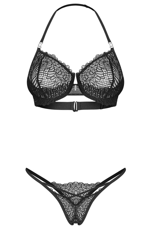 Komplet biustonosz + stringi Obsessive Iliosa 2-pcs crotchless set czarny