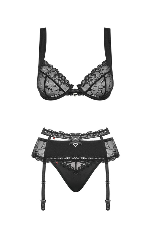 Obsessive Heartina set Nocna komplet biustonosz + stringi, czarny
