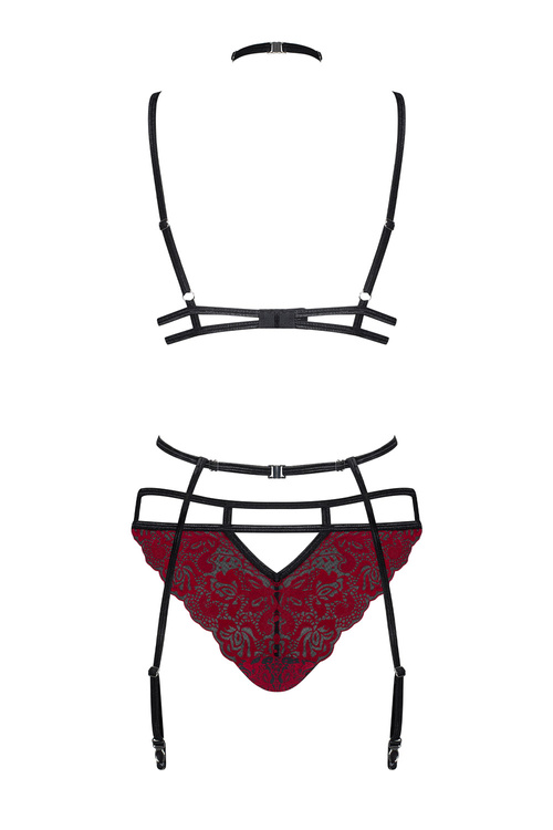 Obsessive Sugestina 3-pcs set Nocna komplet biustonosz + figi + pas do pończoch, bordowy