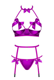 Obsessive Delishya 3-pcs set Nocna komplet biustonosz + stringi + pas do pończoch, fioletowy