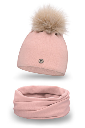 Pamami 15534+15604 komplet czapka z pomponem i komin pudrowy róż
