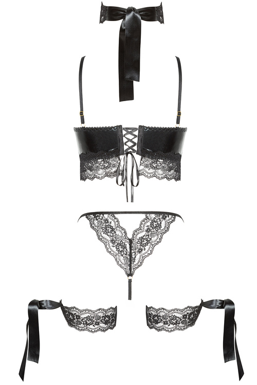 Komplet biustonosz + stringi + podwiązki + choker Beauty Night Shaquila set BN6496 black