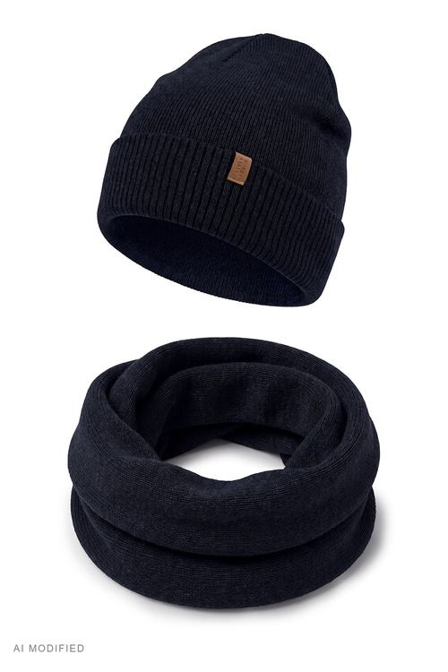 Vivisence M7013 KMPL komplet czapka i komin z wełny merino, granatowy