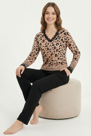 Vivisence 2061 piżama w panterkę z koronką czarno-beżowy