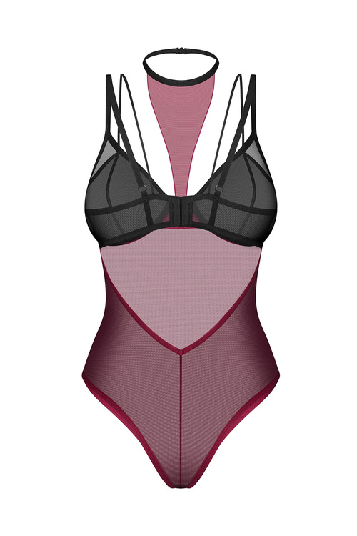 Obsessive Parisel teddy body z chokerem i wysokim wycięciem, bordo-czarny