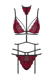 Obsessive Sugestina 3-pcs set Nocna komplet biustonosz + figi + pas do pończoch, bordowy