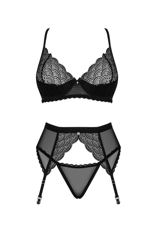 Nocna komplet biustonosz + stringi + pas do pończoch Obsessive Chemeris 3-pcs set czarny