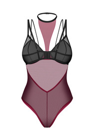 Obsessive Parisel teddy body z chokerem i wysokim wycięciem, bordo-czarny